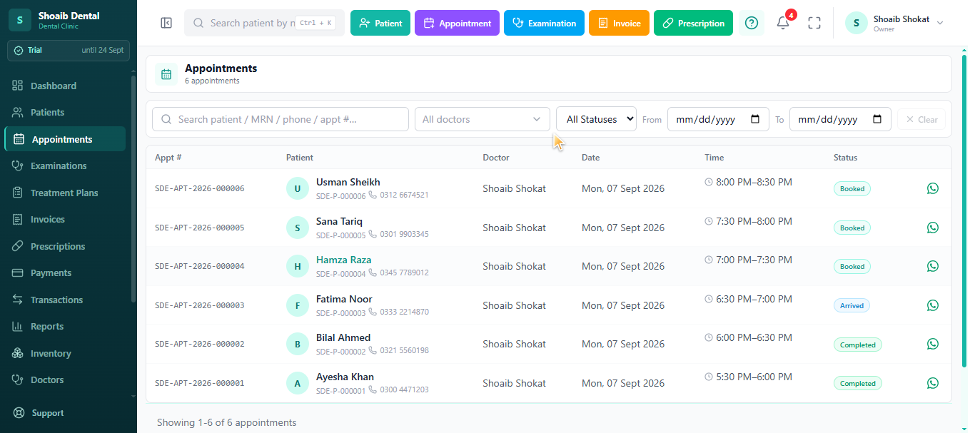 Dentrah appointment list with appointment number, patient MRN, doctor, time and status