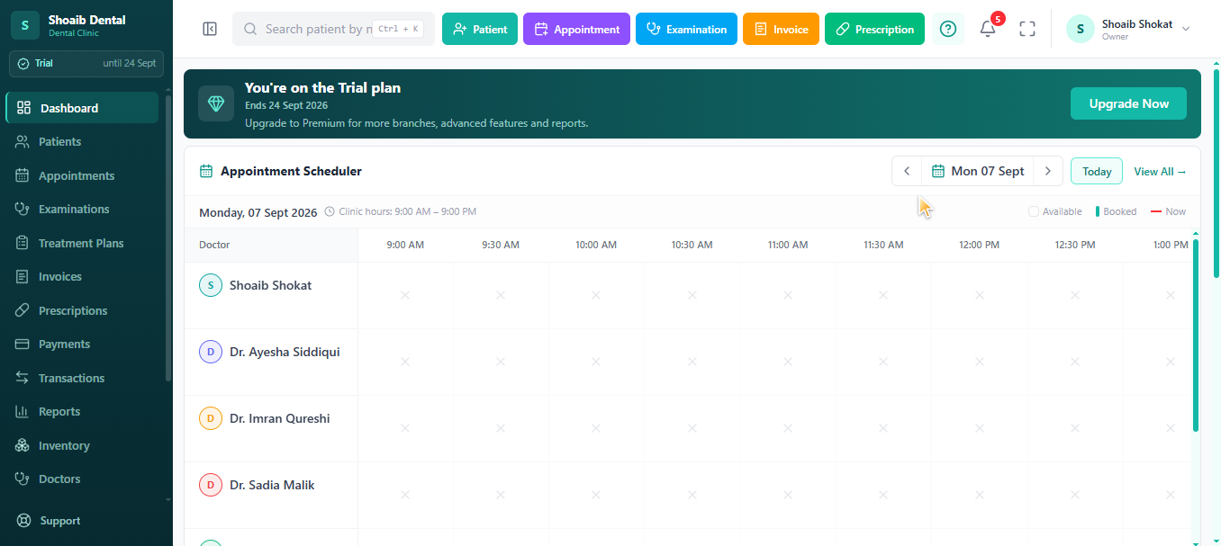 Dentrah dental clinic software dashboard and appointment scheduler