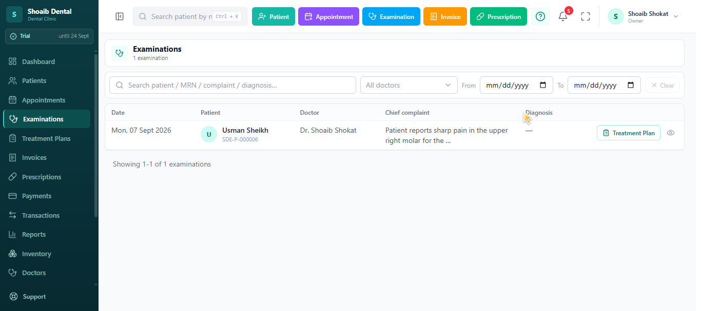 Dentrah examinations list showing date, patient, doctor, chief complaint and diagnosis