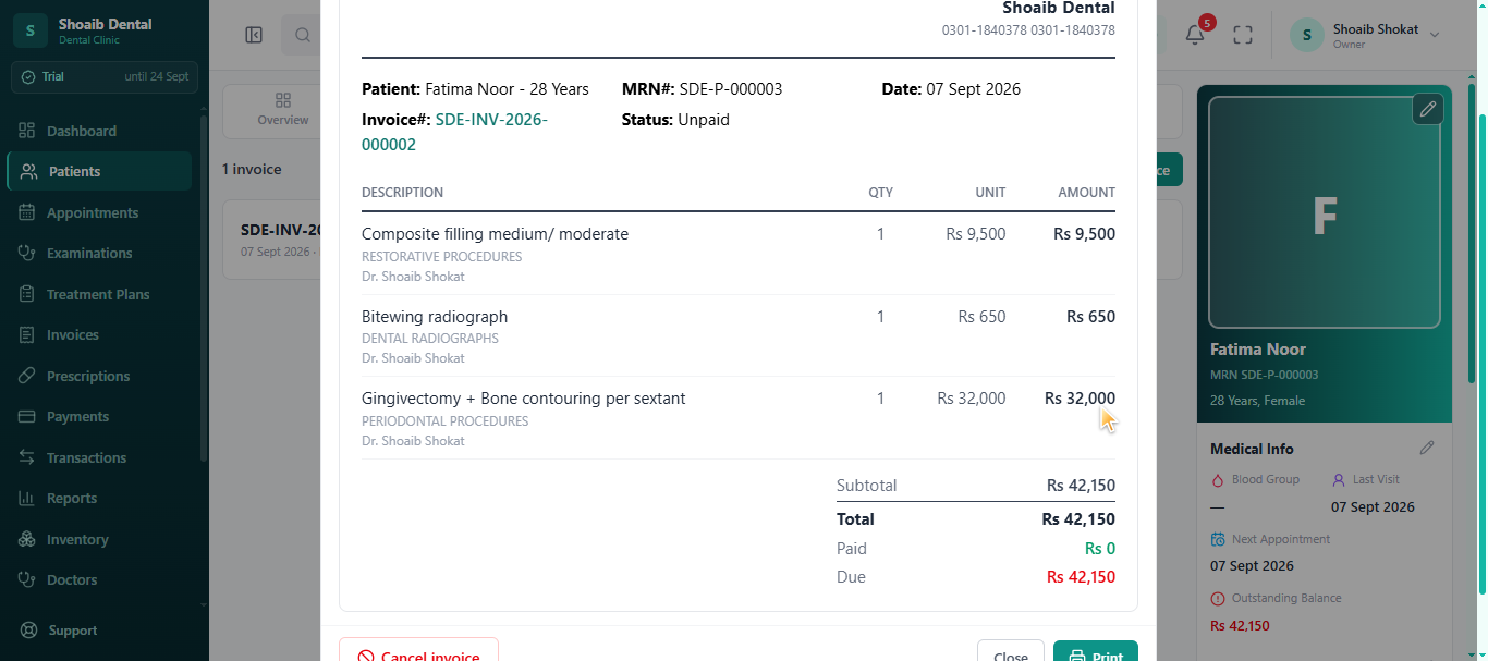 Dentrah dental invoice on clinic letterhead with itemised procedures, treating doctor, total, paid and due