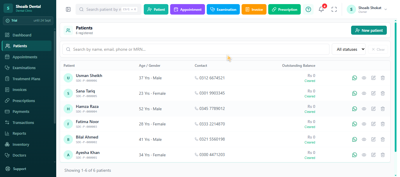 Dentrah patient records list with MRN, age, gender, contact and outstanding balance