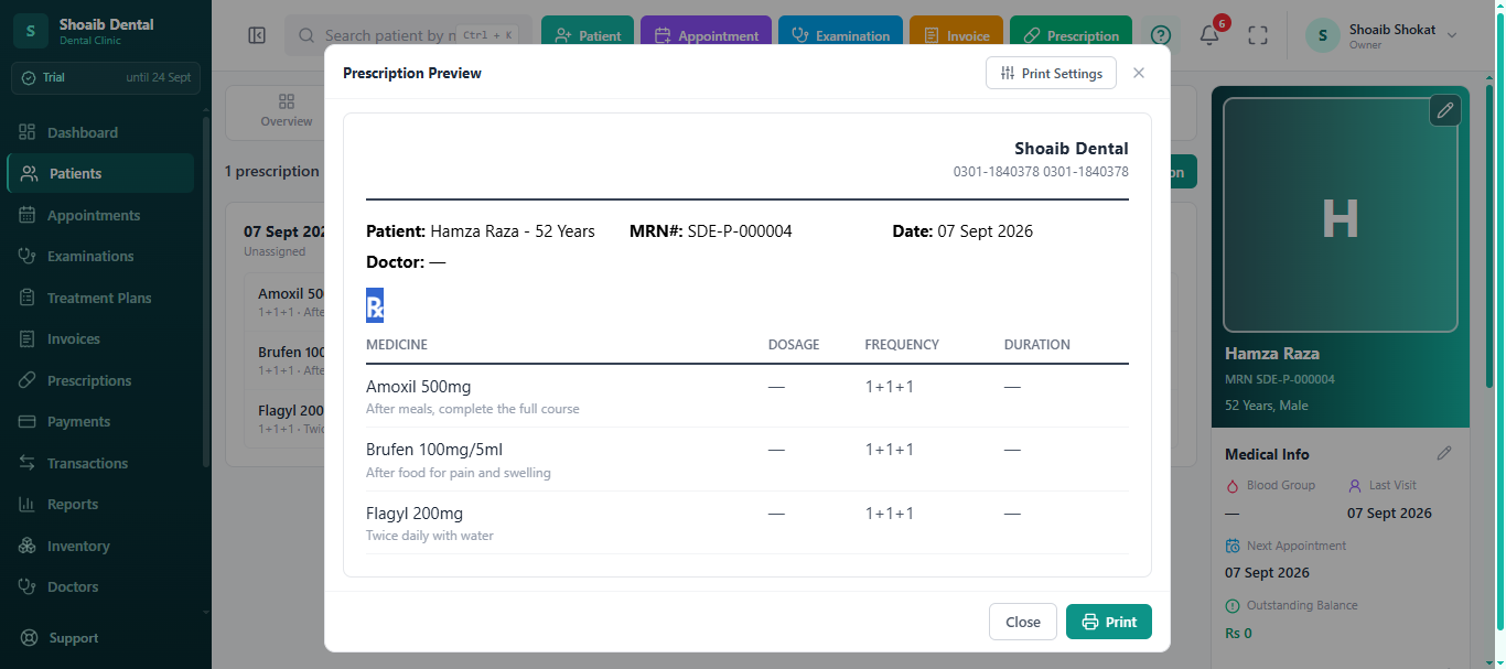 Dentrah prescription preview on clinic letterhead listing medicine, dosage, frequency and duration
